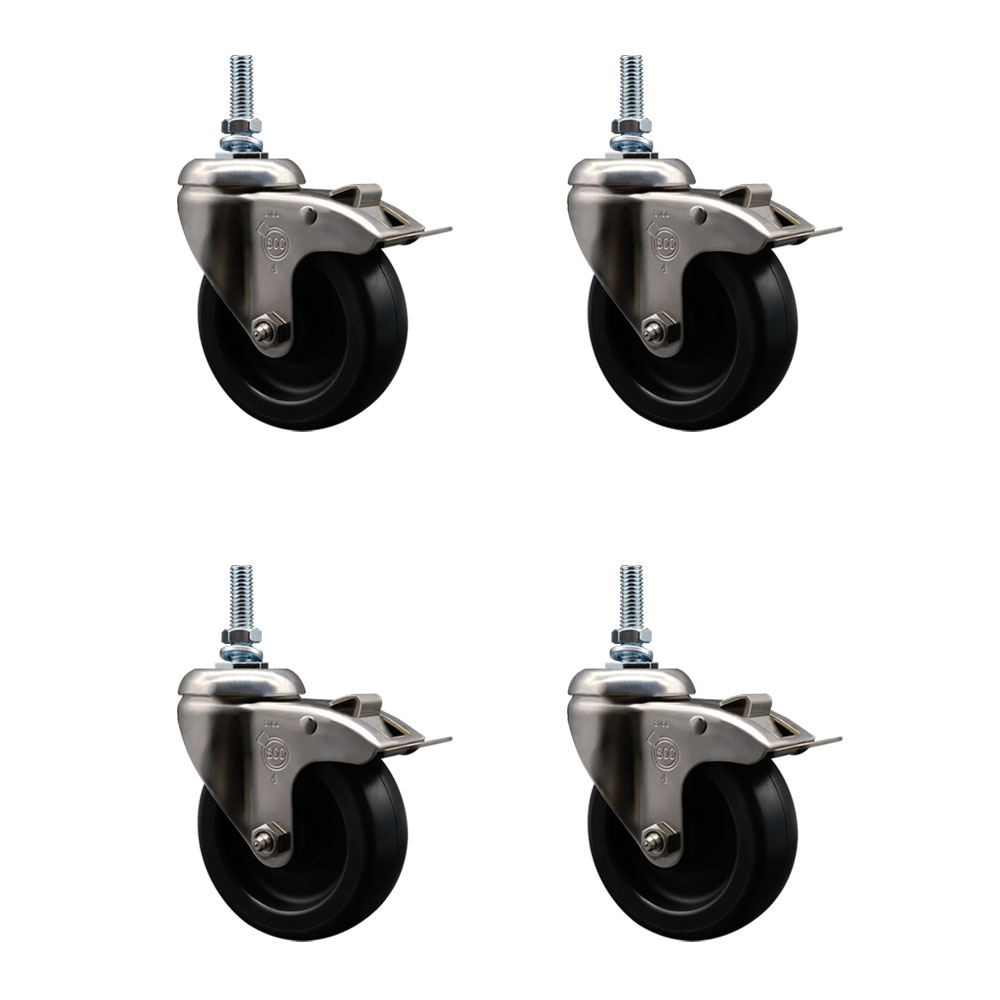 Polyolefin Swivel Stem Caster Wheels Set of 4 with 4 Inch Black Wheels - 3/8" Threaded Stems - 316 Stainless Steel Casters - Includes 4 Swivel Casters with Total Lock Brakes - Service Caster Brand — photo 1