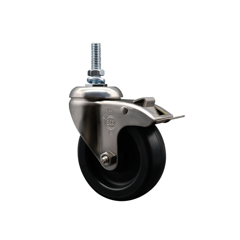 Polyolefin Swivel Stem Caster Wheel with 4 Inch Black Wheel and Total Lock Brake - 3/8" Threaded Stem - 316 Stainless Steel Caster - 350 lbs. Capacity Per Caster - Service Caster Brand — photo 1