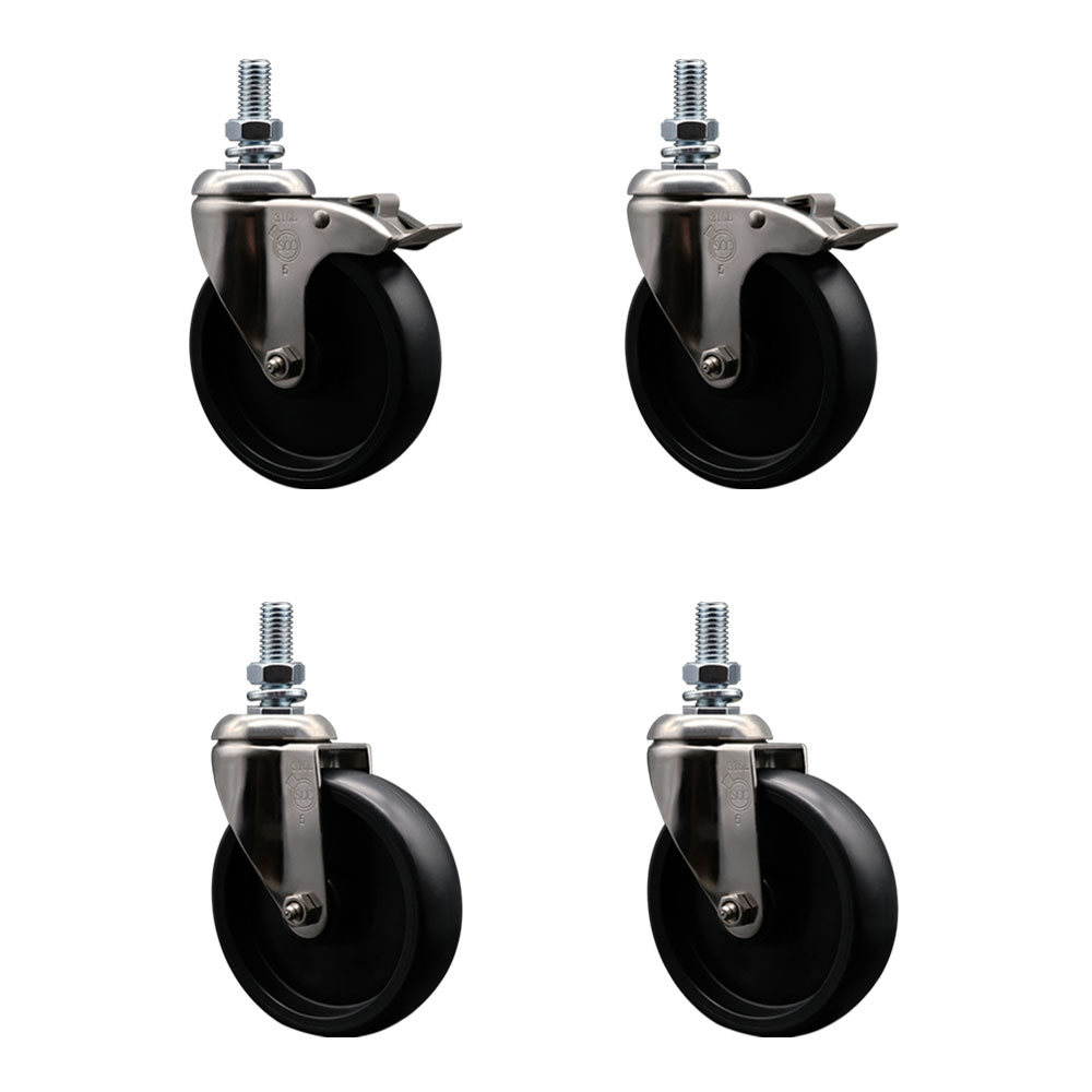 Polyolefin Swivel Stem Caster Wheels Set of 4 with 5 Inch Wheels-12mm Metric Threaded Stems-316 Stainless Steel Casters-Include 2 Swivel Casters with Total Lock Brake and 2 Swivel-Service Caster Brand — photo 1