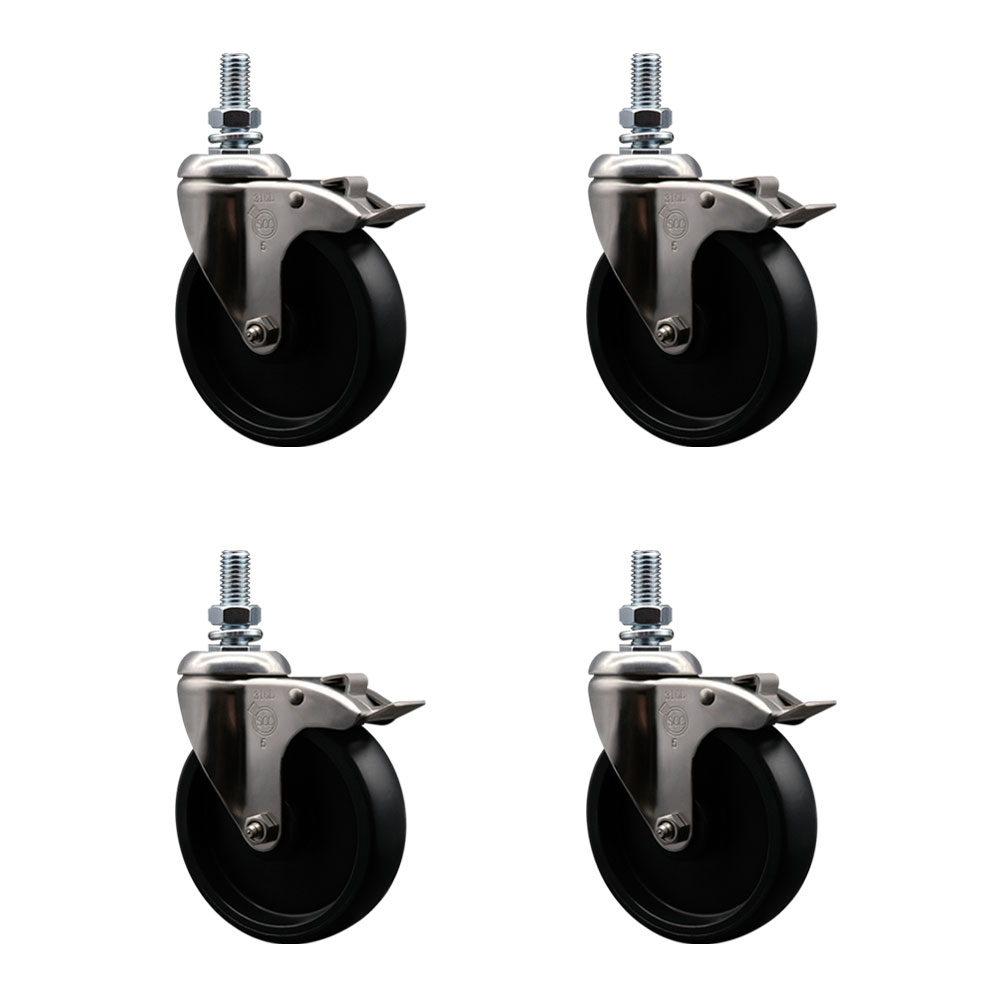 Polyolefin Swivel Stem Caster Wheels Set of 4 with 5 Inch Black Wheels - 12mm Metric Threaded Stems - 316 Stainless Steel Casters-Includes 4 Swivel Casters with Total Lock Brakes- Service Caster Brand — photo 1
