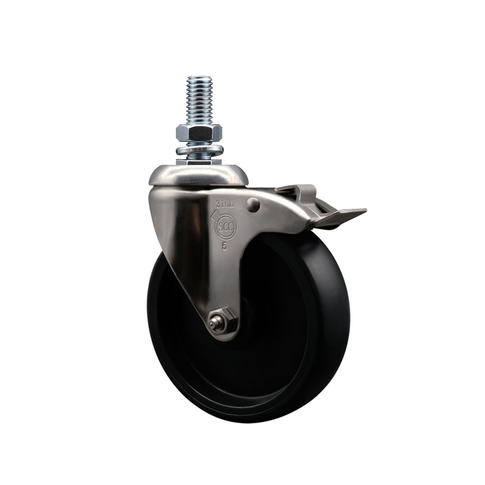 Polyolefin Swivel Stem Caster Wheel with 5 Inch Black Wheel and Total Lock Brake - 1/2" Threaded Stem - 316 Stainless Steel Caster - 350 lbs. Capacity Per Caster - Service Caster Brand — photo 1