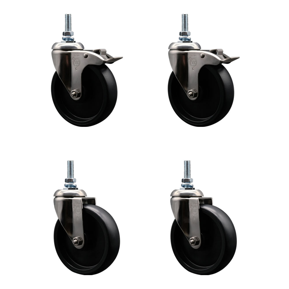 Polyolefin Swivel Stem Caster Wheels Set of 4 with 5 Inch Wheels-10mm Metric Threaded Stems-316 Stainless Steel Casters-Include 2 Swivel Casters with Total Lock Brake and 2 Swivel-Service Caster Brand — photo 1