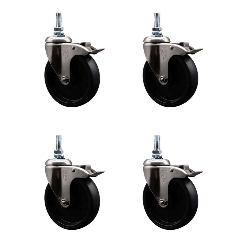Polyolefin Swivel Stem Caster Wheels Set of 4 with 5 Inch Black Wheels - 3/8" Threaded Stems - 316 Stainless Steel Casters - Includes 4 Swivel Casters with Total Lock Brakes - Service Caster Brand — photo 1