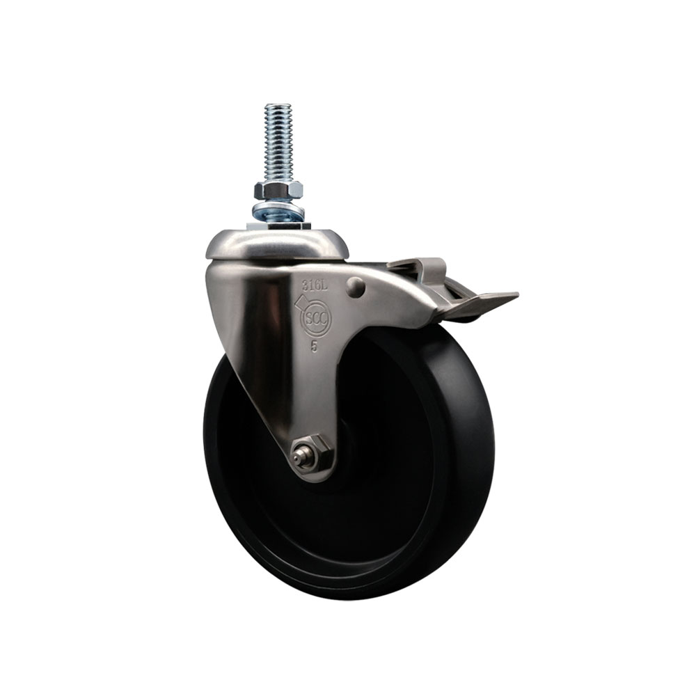 Polyolefin Swivel Stem Caster Wheel with 5 Inch Black Wheel and Total Lock Brake - 10mm Metric Threaded Stem - 316 Stainless Steel Caster - 350 lbs. Capacity Per Caster - Service Caster Brand — photo 1
