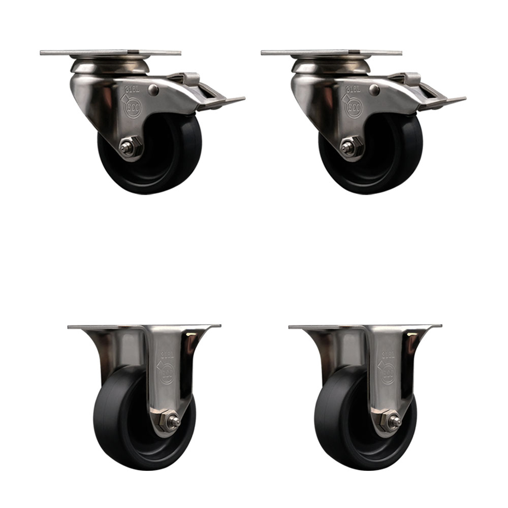 Polyolefin Swivel Top Plate Caster Wheels Set of 4 with 3 Inch Black Wheels - 316 Stainless Steel Casters - Includes 2 Swivel with Total Lock Brakes and 2 Rigid - Service Caster Brand — photo 1