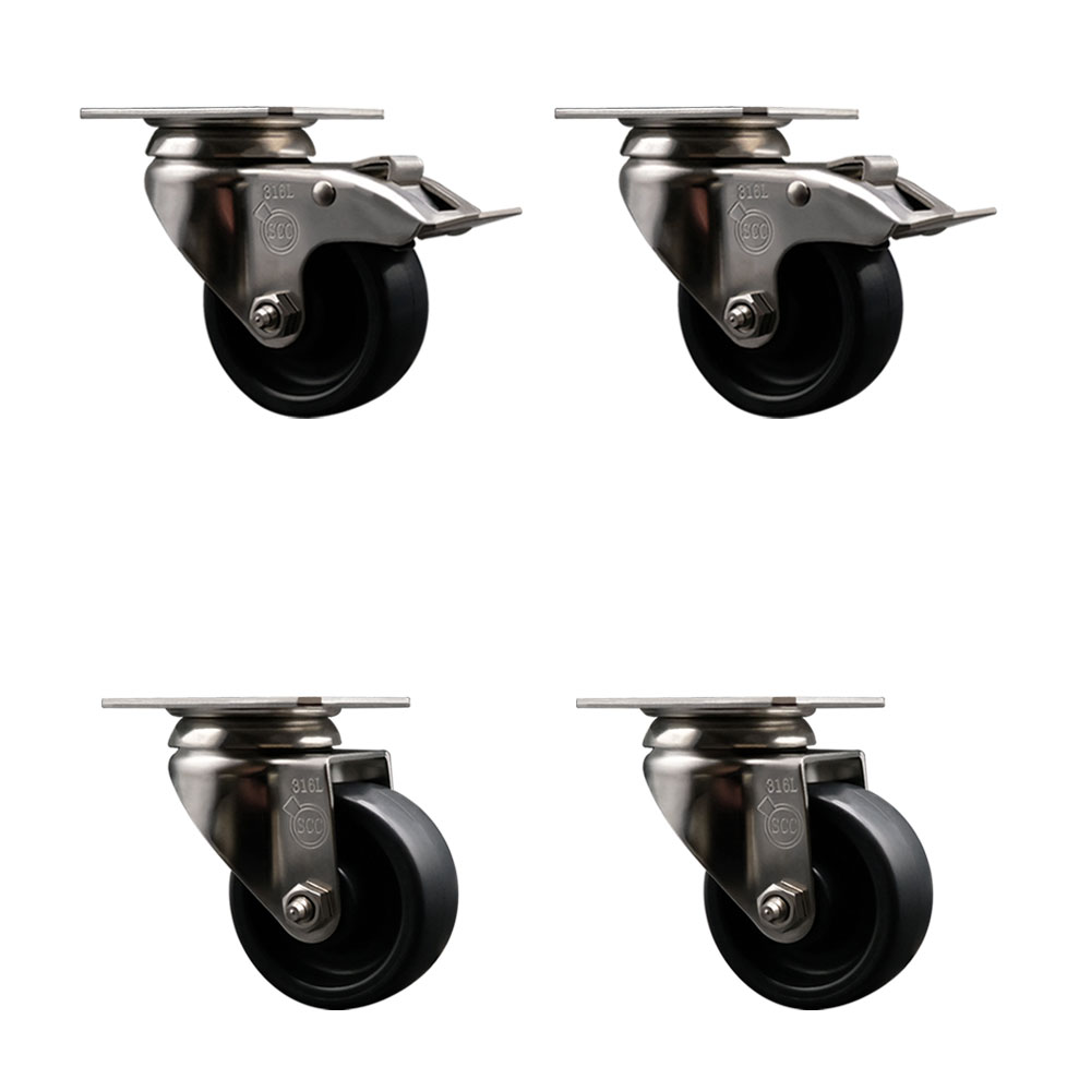 Polyolefin Swivel Top Plate Caster Wheels Set of 4 with 3 Inch Black Wheels - 316 Stainless Steel Casters - Includes 2 Swivel with Total Lock Brakes and 2 Swivel - Service Caster Brand — photo 1