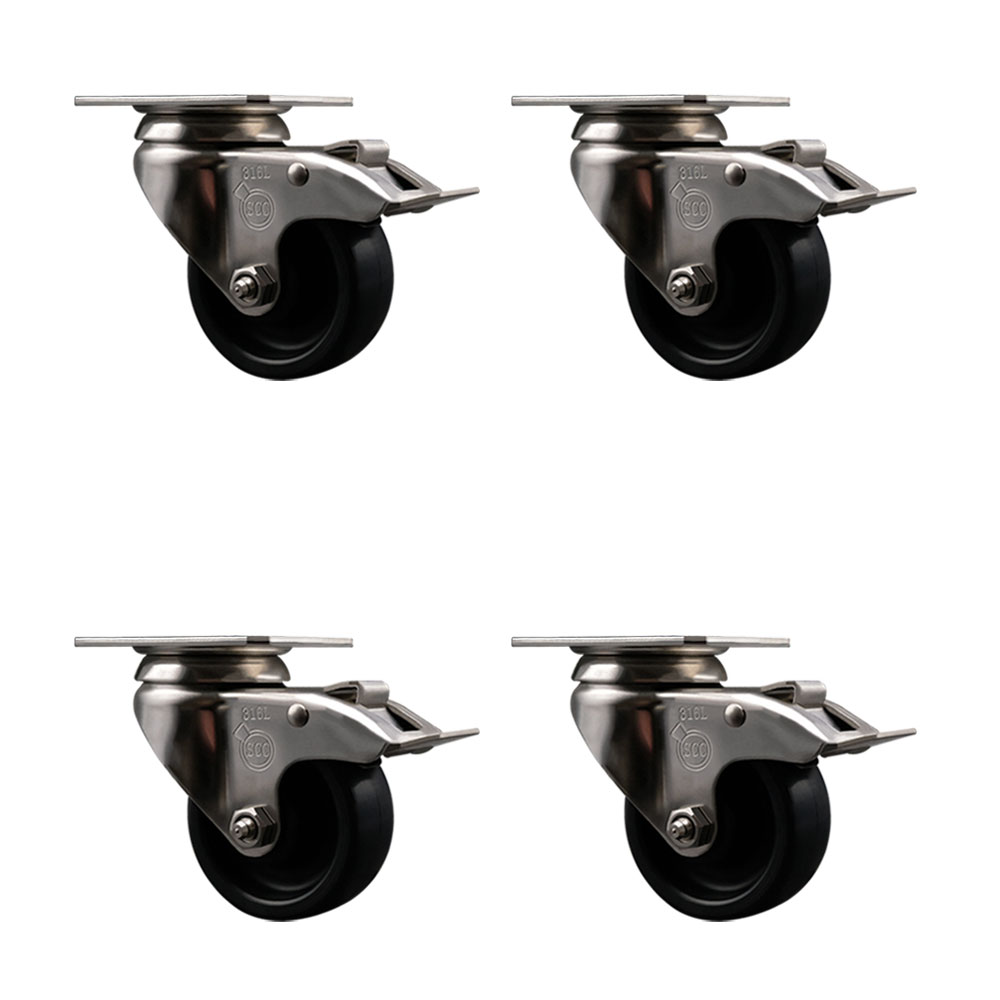 Polyolefin Swivel Top Plate Caster Wheels Set of 4 with 3 Inch Black Wheels-316 Stainless Steel Casters -Includes 4 Swivel Casters with Total Lock Brakes-1,200 lbs. Total Capacity-Service Caster Brand — photo 1
