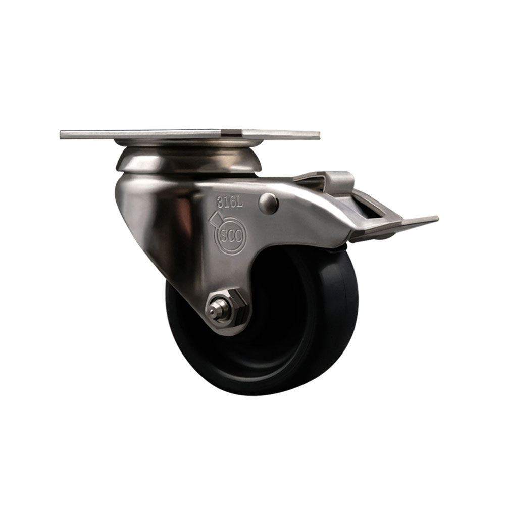 Polyolefin Swivel Top Plate Caster Wheel with 3 Inch Black Wheel and Total Lock Brake - 316 Stainless Steel Caster - 300 lbs. Capacity Per Caster - Service Caster Brand — photo 1