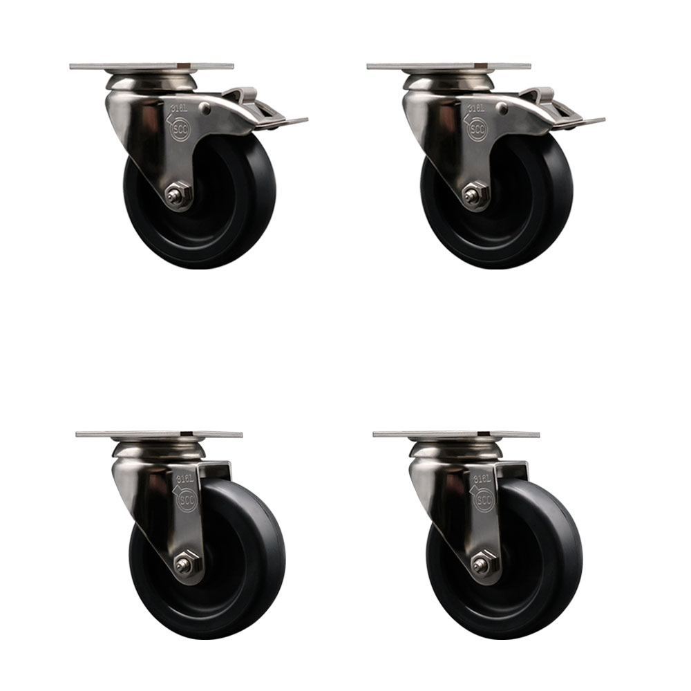 Polyolefin Swivel Top Plate Caster Wheels Set of 4 with 4 Inch Black Wheels - 316 Stainless Steel Casters - Includes 2 Swivel with Total Lock Brakes and 2 Swivel - Service Caster Brand — photo 1