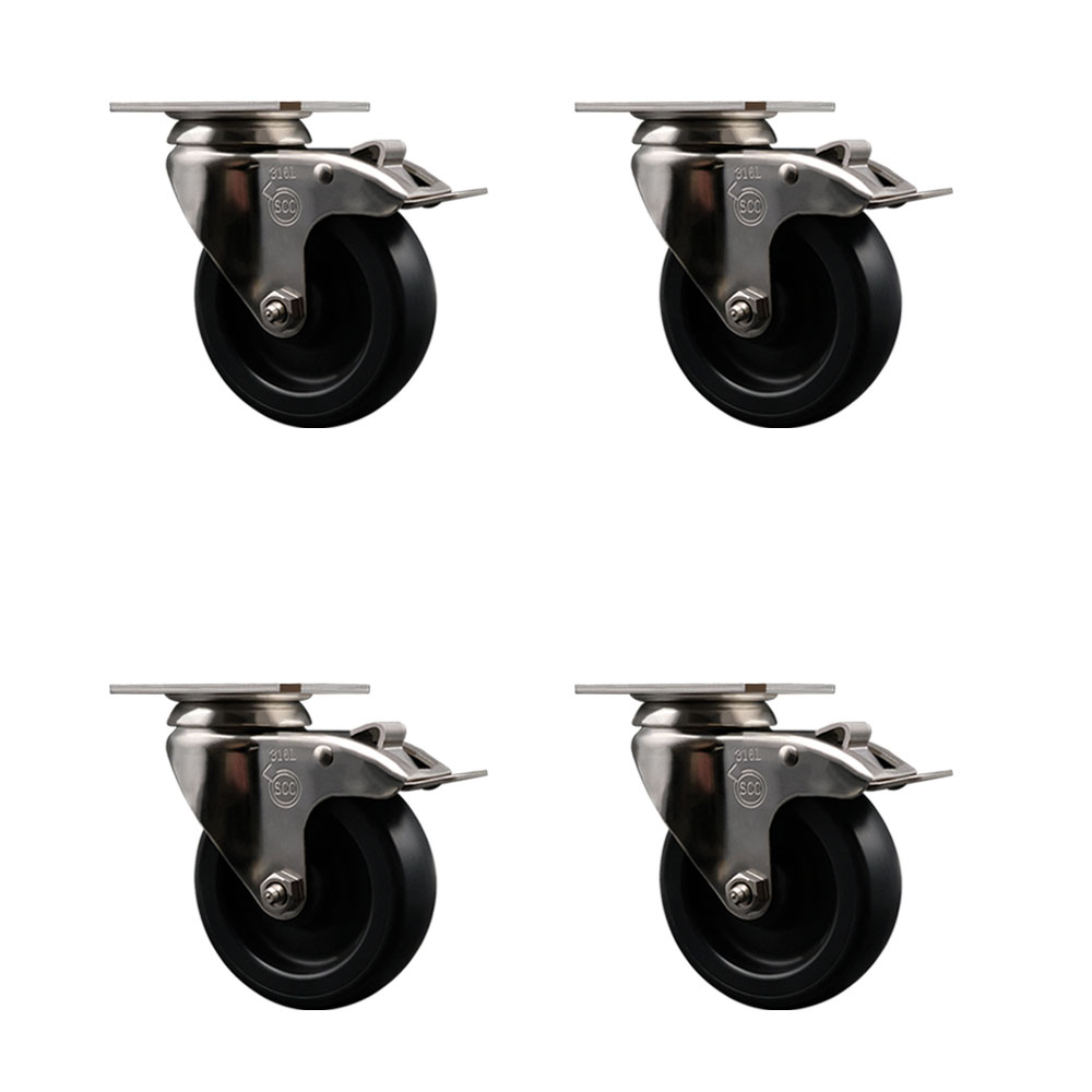 Polyolefin Swivel Top Plate Caster Wheels Set of 4 with 4 Inch Black Wheels-316 Stainless Steel Casters -Includes 4 Swivel Casters with Total Lock Brakes-1,400 lbs. Total Capacity-Service Caster Brand — photo 1