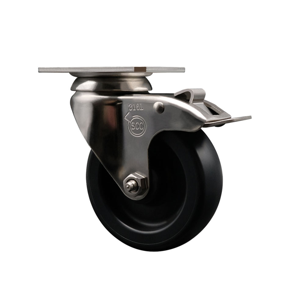 Polyolefin Swivel Top Plate Caster Wheel with 4 Inch Black Wheel and Total Lock Brake - 316 Stainless Steel Caster - 350 lbs. Capacity Per Caster - Service Caster Brand — photo 1
