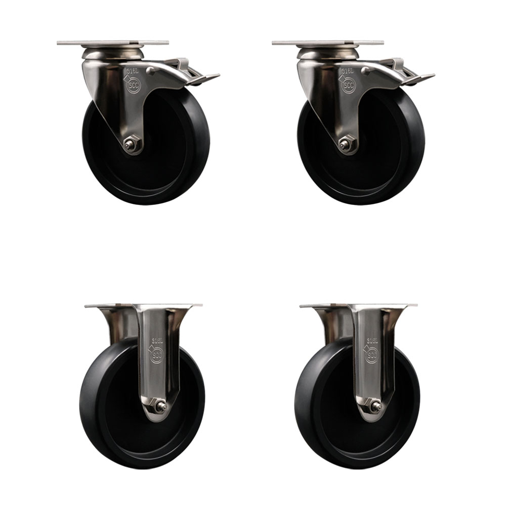 Polyolefin Swivel Top Plate Caster Wheels Set of 4 with 5 Inch Black Wheels - 316 Stainless Steel Casters - Includes 2 Swivel with Total Lock Brakes and 2 Rigid - Service Caster Brand — photo 1