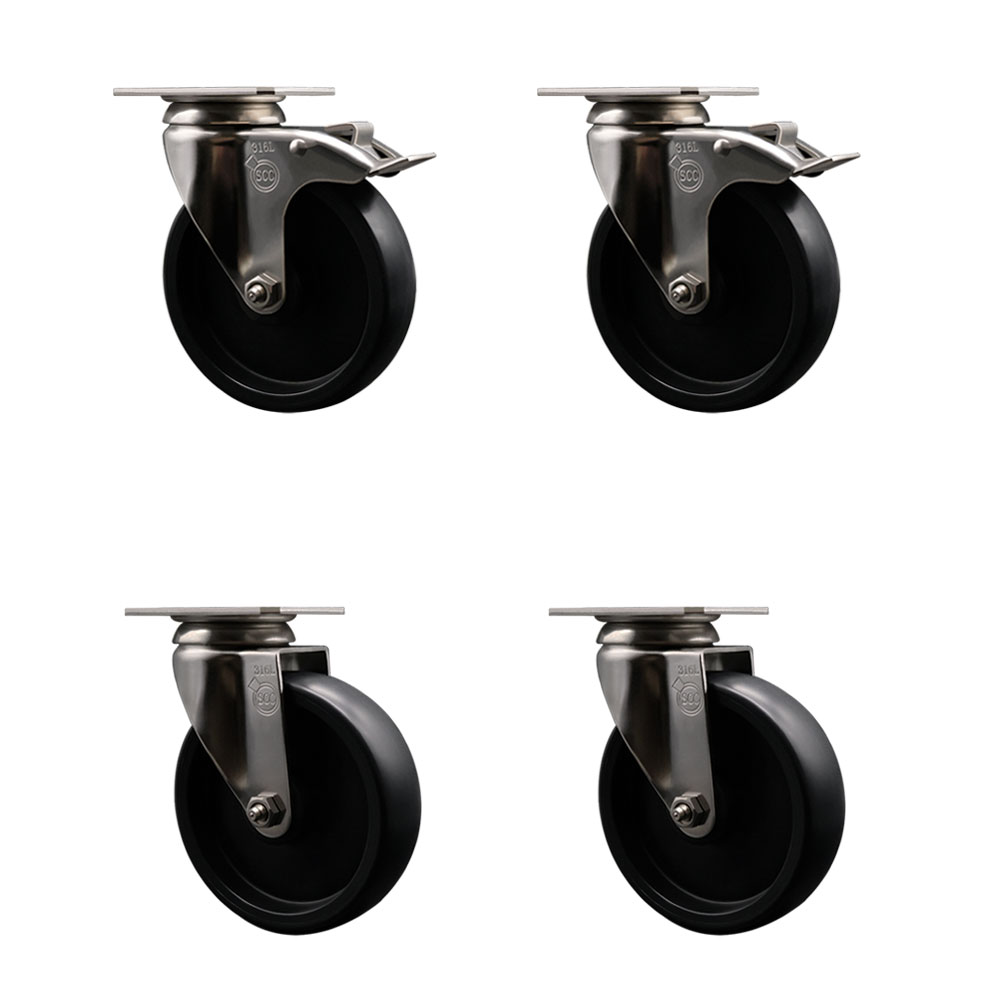 Polyolefin Swivel Top Plate Caster Wheels Set of 4 with 5 Inch Black Wheels - 316 Stainless Steel Casters - Includes 2 Swivel with Total Lock Brakes and 2 Swivel - Service Caster Brand — photo 1