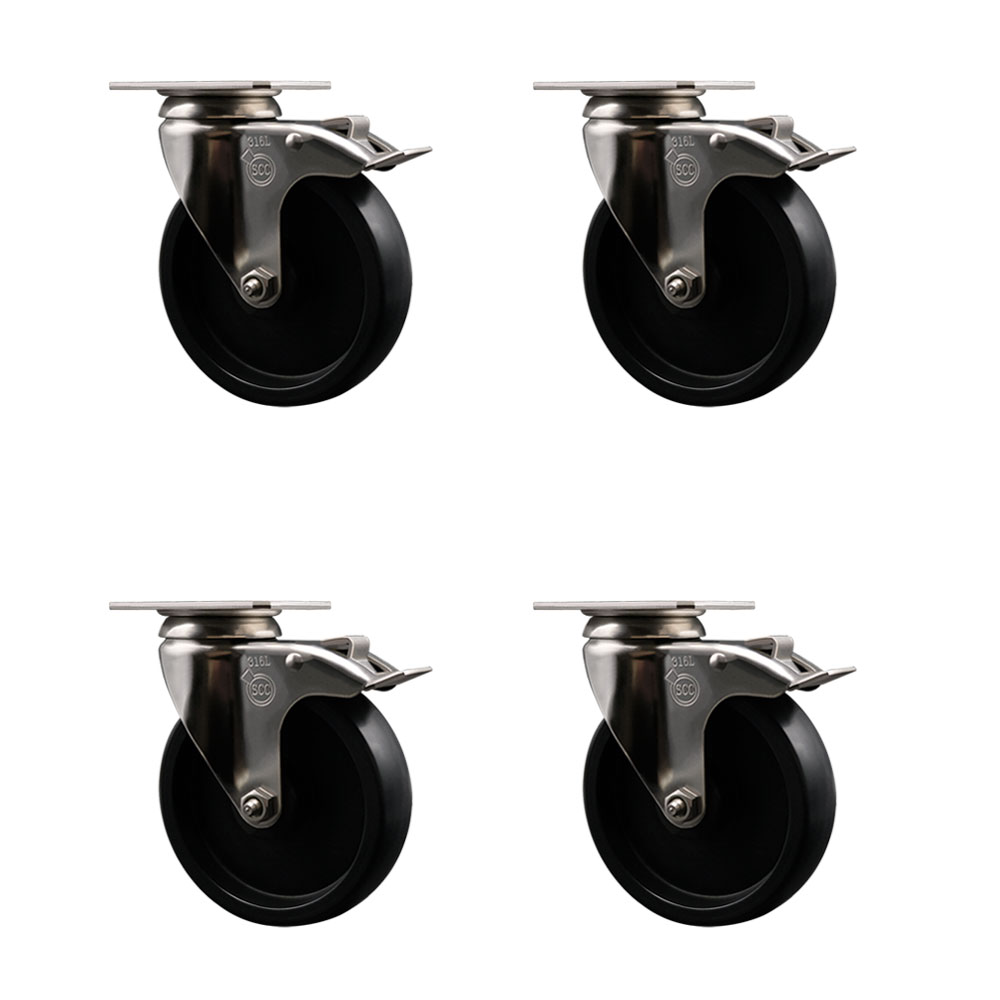 Polyolefin Swivel Top Plate Caster Wheels Set of 4 with 5 Inch Black Wheels-316 Stainless Steel Casters -Includes 4 Swivel Casters with Total Lock Brakes-1,400 lbs. Total Capacity-Service Caster Brand — photo 1