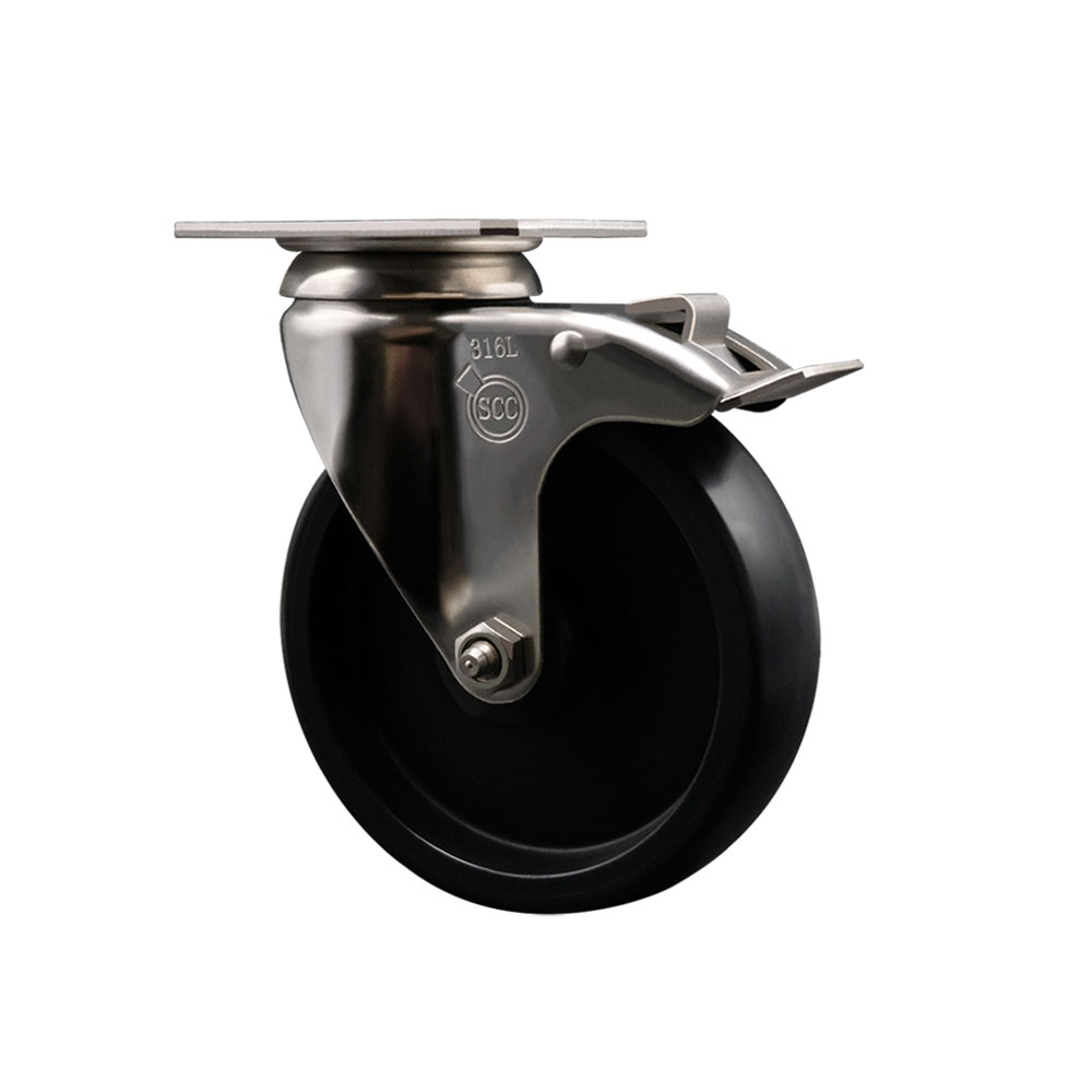 Polyolefin Swivel Top Plate Caster Wheel with 5 Inch Black Wheel and Total Lock Brake - 316 Stainless Steel Caster - 350 lbs. Capacity Per Caster - Service Caster Brand — photo 1