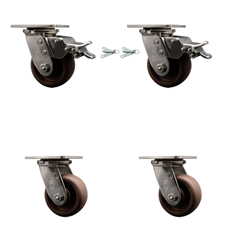 316 Stainless Heavy Duty Swivel Caster Set with 4 Inch High Temperature Glass Filled Nylon Wheels - Includes 2 Swivel with Total Lock Brakes and 2 Swivel with Bolt on Swivel Locks-Service Caster Brand — photo 1