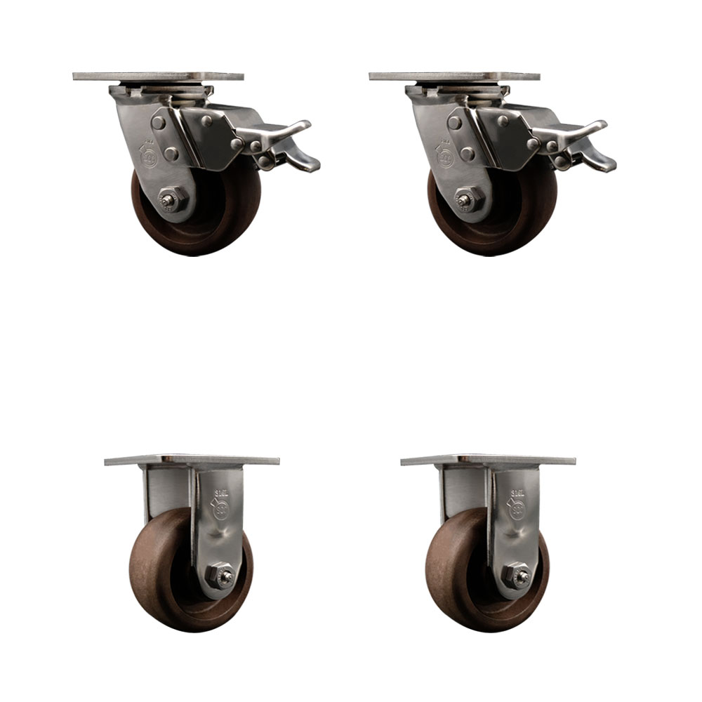 316 Stainless Steel Heavy Duty Swivel Caster Set of 4 with 4 Inch High Temp Glass Filled Nylon Wheels-Includes 2 Swivel with Total Lock Brake and 2 Rigid-2,400 lbs. Total Capacity-Service Caster Brand — photo 1