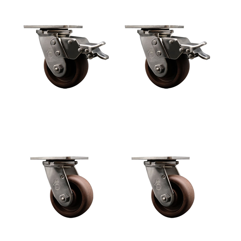 316 Stainless Steel Heavy Duty Swivel Caster Set of 4 with 4 Inch High Temp Glass Filled Nylon Wheels - Includes 4 Swivel with 2 Total Lock Brakes - 2,400 lbs. Total Capacity - Service Caster Brand — photo 1