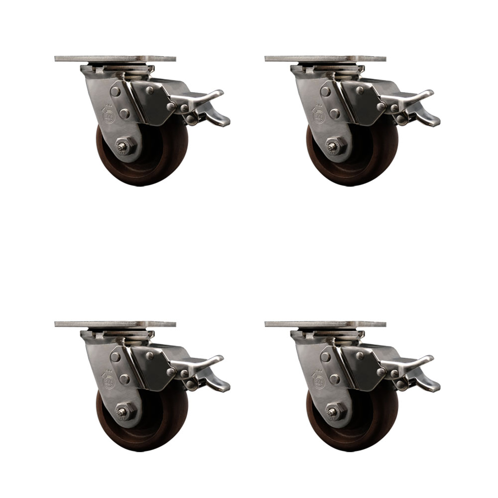 316 Stainless Steel Heavy Duty Swivel Caster Set of 4 with 4 Inch High Temperature Glass Filled Nylon Wheels - Includes 4 Swivel with Total Lock Brakes-2,400 lbs. Total Capacity - Service Caster Brand — photo 1