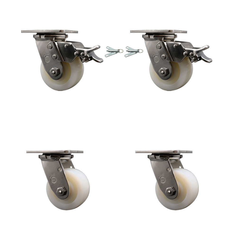 316 Stainless Heavy Duty Swivel Caster Set with 4 Inch Nylon Wheels and Delrin Bearings - Includes 2 Swivel with Total Lock Brakes and 2 Swivel with Bolt on Swivel Locks - Service Caster Brand — photo 1