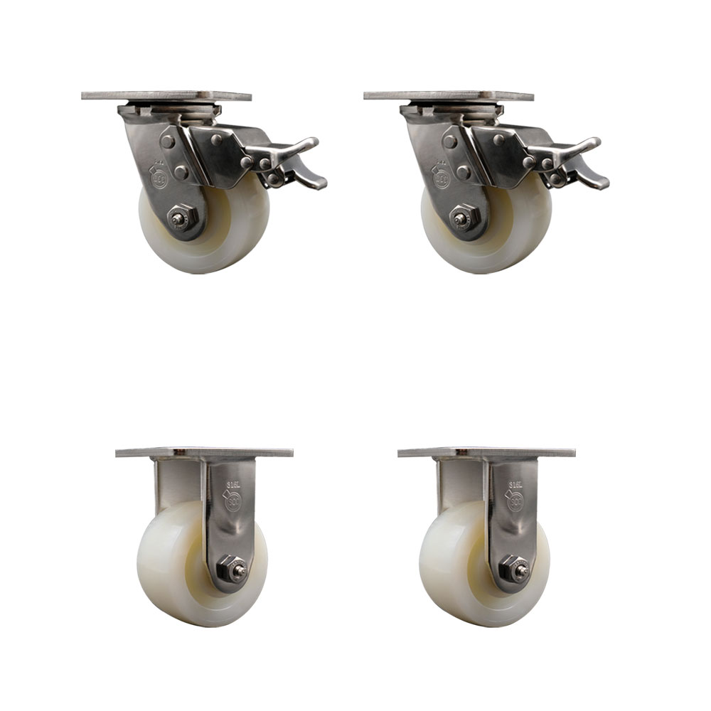 316 Stainless Steel Heavy Duty Swivel Caster Set of 4 with 4 Inch Nylon Wheels - Includes 2 Swivel with Total Lock Brakes and 2 Rigid - 3,200 lbs. Total Capacity - Service Caster Brand — photo 1