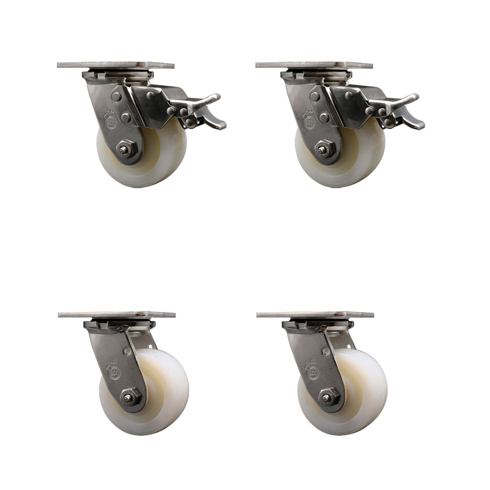 316 Stainless Steel Heavy Duty Swivel Caster Set of 4 with 4 Inch Nylon Wheels and Delrin Bearings - Includes 4 Swivel with 2 Total Lock Brakes - 3,200 lbs. Total Capacity - Service Caster Brand — photo 1
