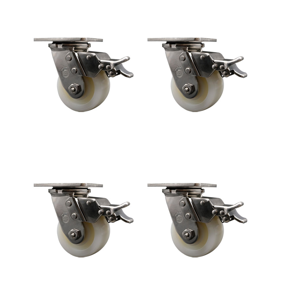 316 Stainless Steel Heavy Duty Swivel Caster Set of 4 with 4 Inch Nylon Wheels and Delrin Bearings - Includes 4 Swivel with Total Lock Brakes - 3,200 lbs. Total Capacity - Service Caster Brand — photo 1