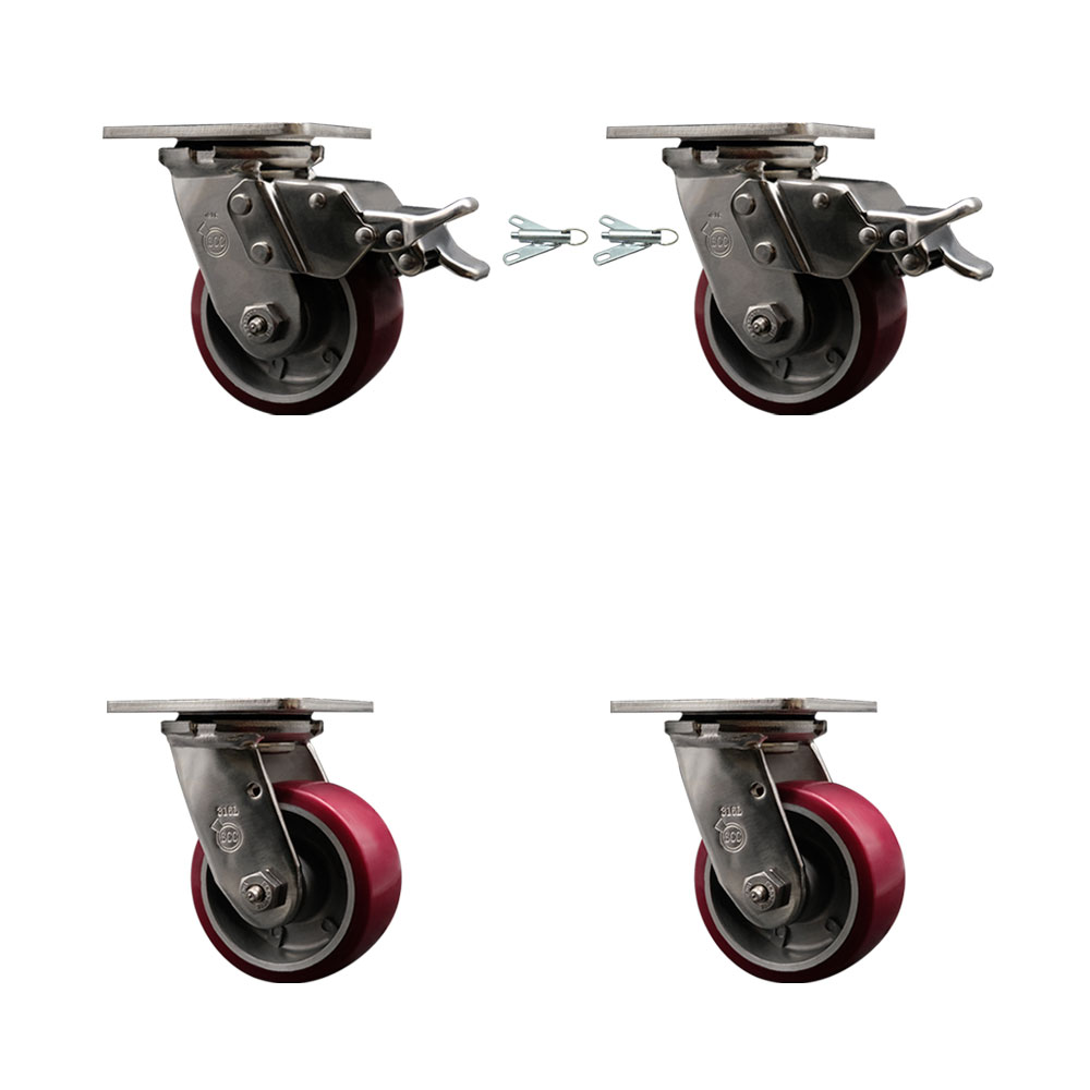 316 Stainless Heavy Duty Swivel Caster Set with 4 Inch Poly on Aluminum Wheels and Delrin Bearings -Includes 2 Swivel with Total Lock Brakes and 2 Swivel with Bolt on Swivel Locks-Service Caster Brand — photo 1