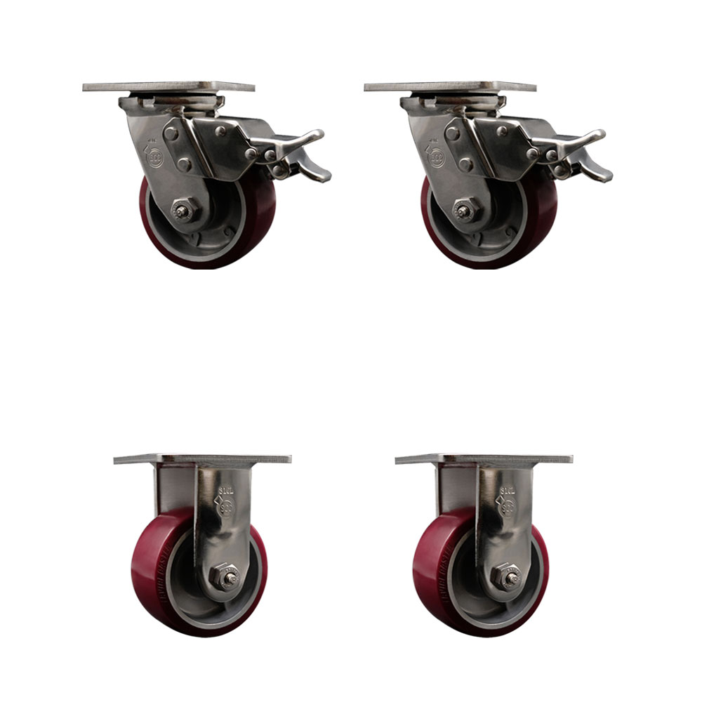 316 Stainless Steel Heavy Duty Swivel Caster Set of 4 with 4 Inch Polyurethane on Aluminum Wheels and Ball Bearings - Includes 2 Swivel with Total Lock Brakes and 2 Rigid - Service Caster Brand — photo 1