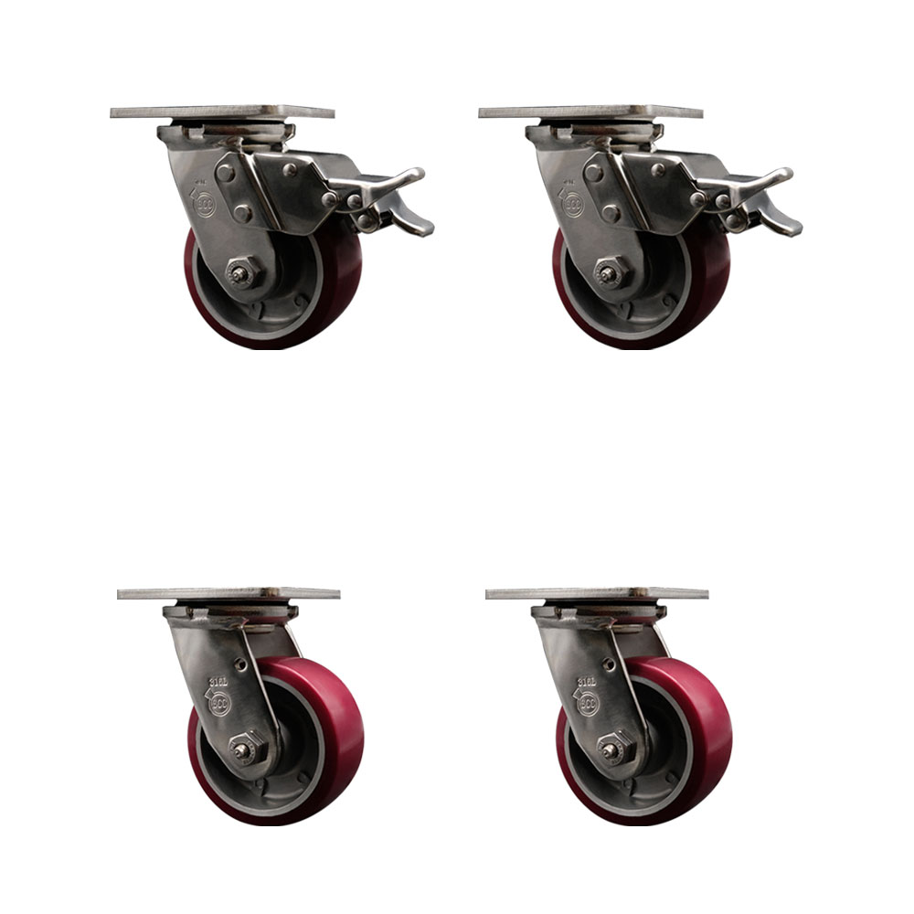 316 Stainless Steel Heavy Duty Swivel Caster Set of 4 with 4 Inch Polyurethane on Aluminum Wheels and Ball Bearings - Includes 4 Swivel with 2 Total Lock Brakes - Service Caster Brand — photo 1
