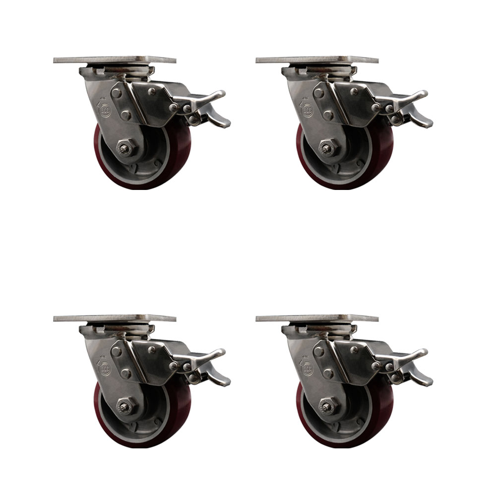 316 Stainless Steel Heavy Duty Swivel Caster Set of 4 with 4 Inch Polyurethane on Aluminum Wheels - Includes 4 Swivel with Total Lock Brakes - 2,800 lbs. Total Capacity - Service Caster Brand — photo 1
