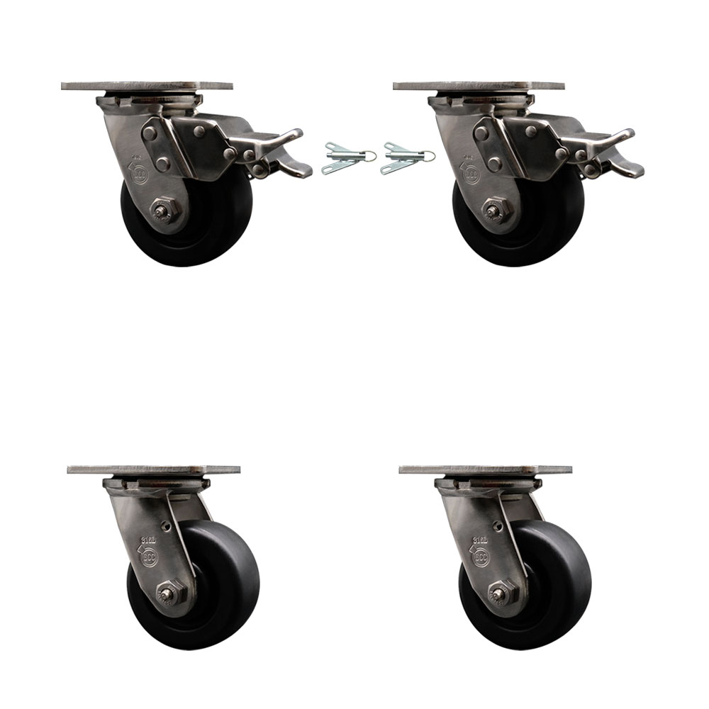 316 Stainless Heavy Duty Swivel Caster Set with 4 Inch Polyolefin Wheels -Includes 2 Swivel with Total Lock Brakes and 2 Swivel with Bolt on Swivel Locks-2,000 lbs. Total Capacity-Service Caster Brand — photo 1