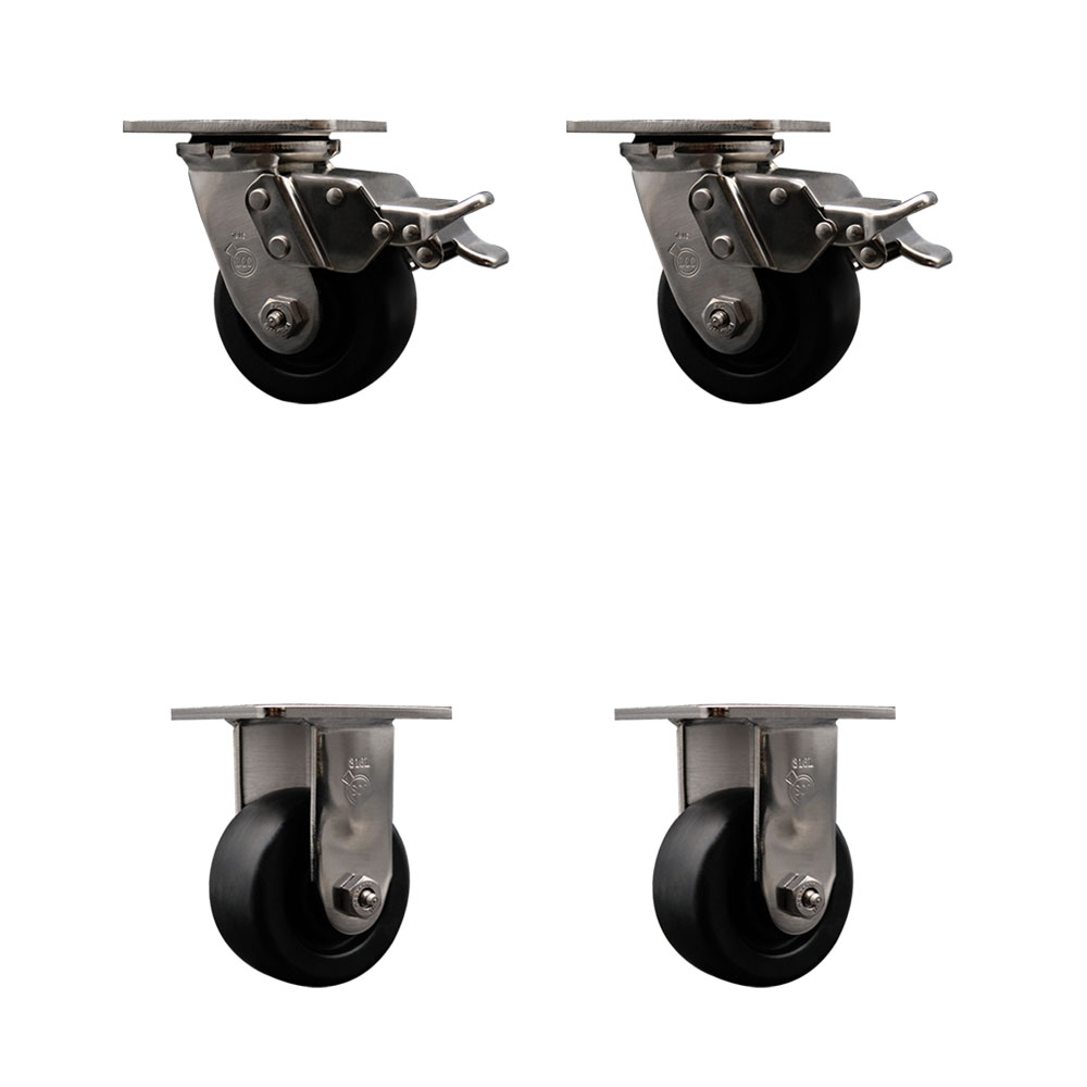 316 Stainless Steel Heavy Duty Swivel Caster Set of 4 with 4 Inch Polyolefin Wheels and Delrin Bearings - Includes 2 Swivel with Total Lock Brakes and 2 Rigid - Service Caster Brand — photo 1