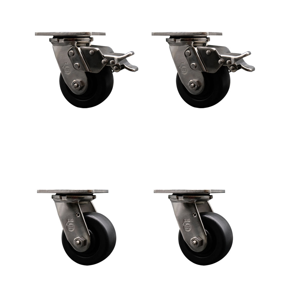 316 Stainless Steel Heavy Duty Swivel Caster Set of 4 with 4 Inch Polyolefin Wheels - Includes 4 Swivel with 2 Total Lock Brakes - 2,000 lbs. Total Capacity - Service Caster Brand — photo 1