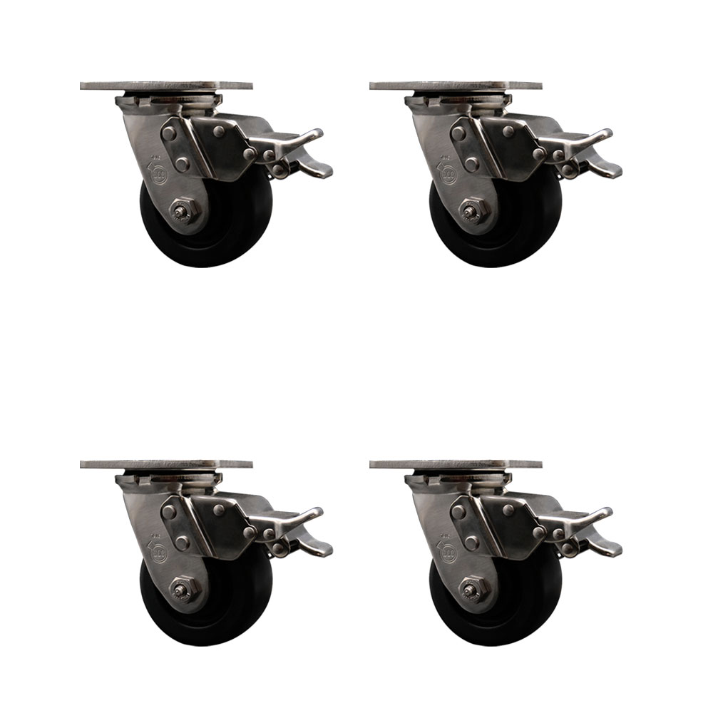 316 Stainless Steel Heavy Duty Swivel Caster Set of 4 with 4 Inch Polyolefin Wheels - Includes 4 Swivel with Total Lock Brakes - 2,000 lbs. Total Capacity - Service Caster Brand — photo 1