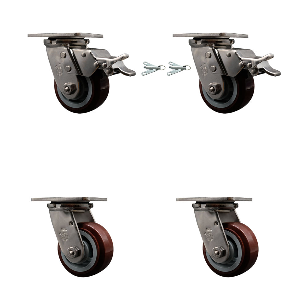 316 Stainless Heavy Duty Swivel Caster Set with 4 Inch Polyurethane Wheels and Delrin Bearings - Includes 2 Swivel with Total Lock Brakes and 2 Swivel with Bolt on Swivel Locks - Service Caster Brand — photo 1