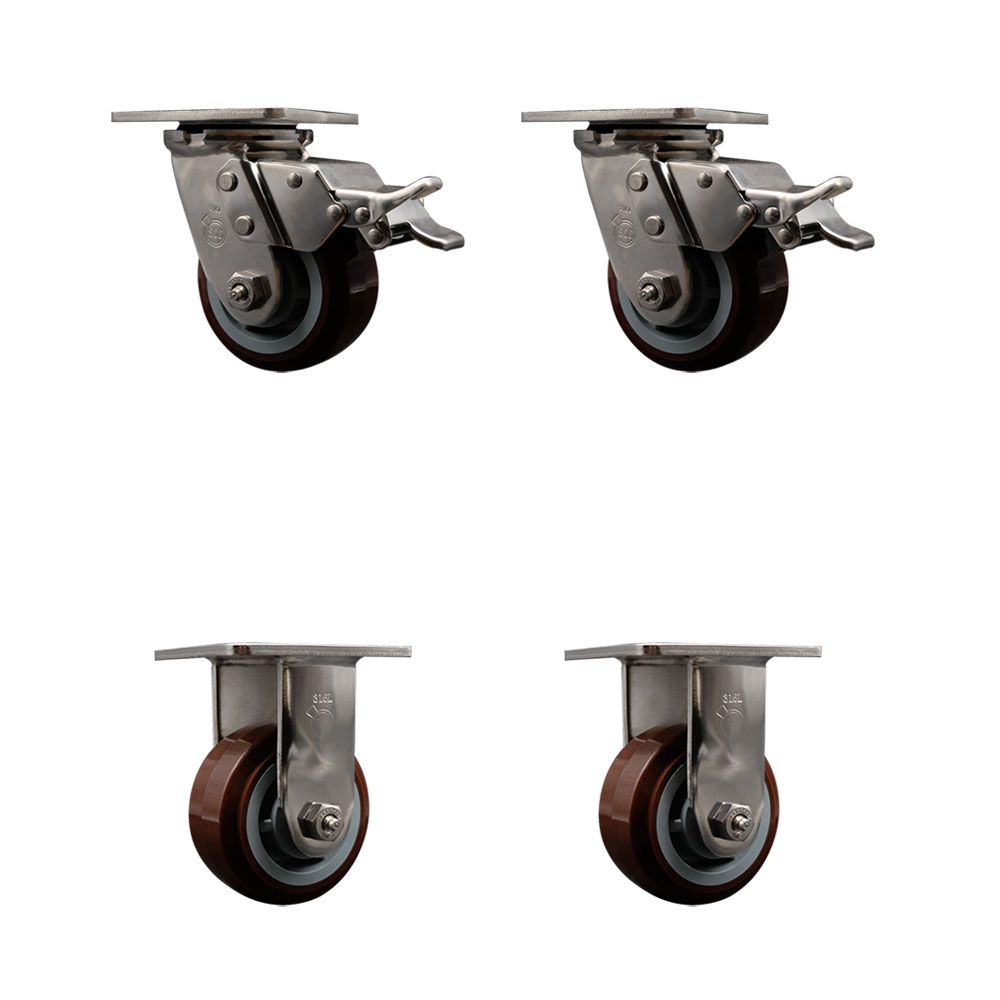 316 Stainless Steel Heavy Duty Swivel Caster Set of 4 with 4 Inch Polyurethane Wheels and Ball Bearings - Includes 2 Swivel with Total Lock Brakes and 2 Rigid - Service Caster Brand — photo 1