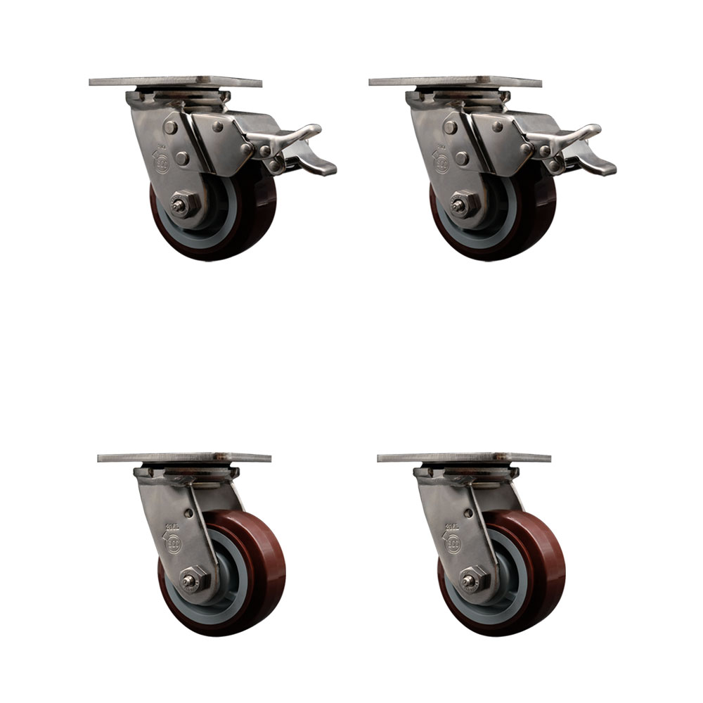 316 Stainless Steel Heavy Duty Swivel Caster Set of 4 with 4 Inch Polyurethane Wheels - Includes 4 Swivel with 2 Total Lock Brakes - 2,400 lbs. Total Capacity - Service Caster Brand — photo 1
