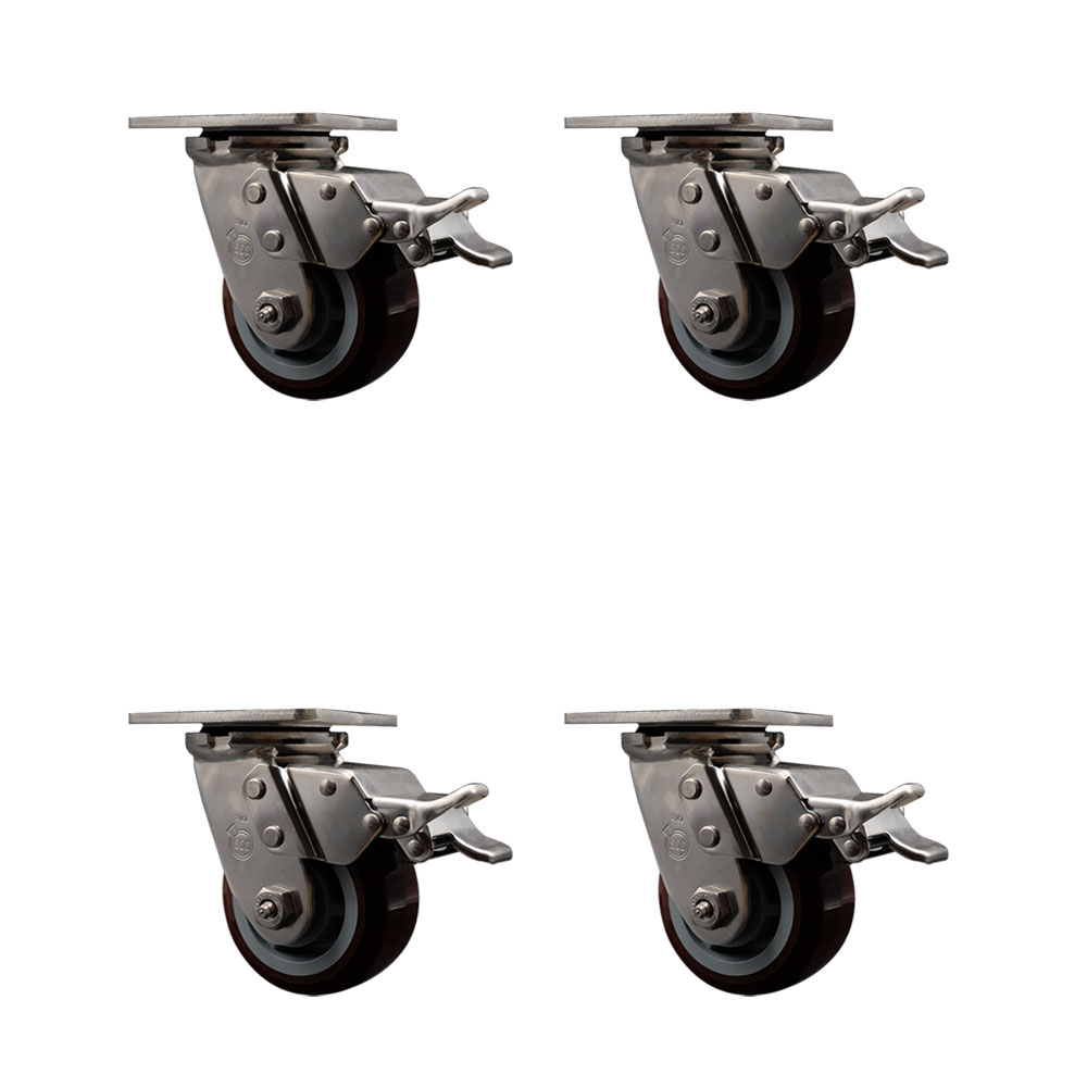 316 Stainless Steel Heavy Duty Swivel Caster Set of 4 with 4 Inch Polyurethane Wheels and Delrin Bearings - Includes 4 Swivel with Total Lock Brakes - 2,400 lbs. Total Capacity - Service Caster Brand — photo 1