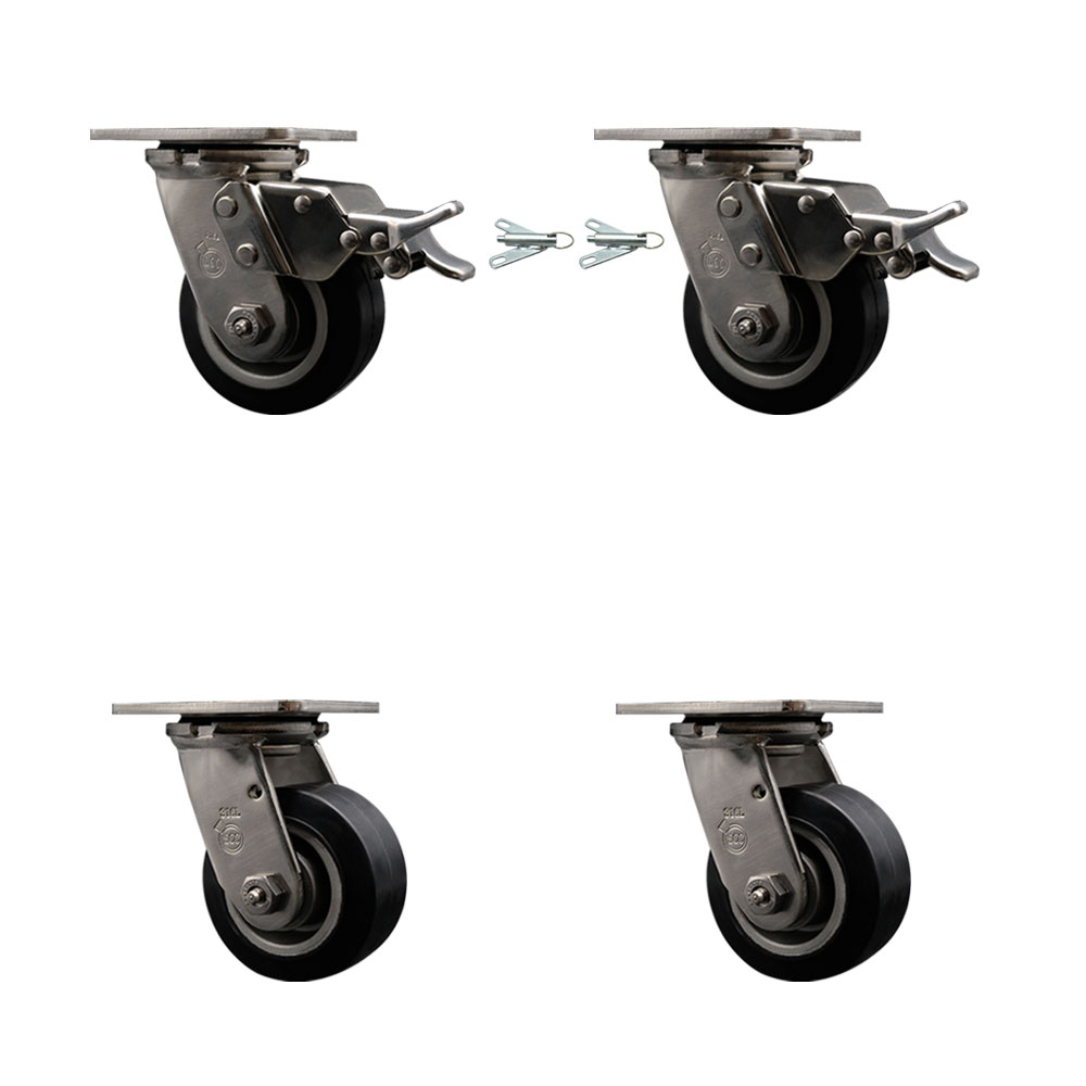 316 Stainless Heavy Duty Swivel Caster Set with 4 Inch Rubber on Aluminum Wheels and Ball Bearings -Includes 2 Swivel with Total Lock Brakes and 2 Swivel with Bolt on Swivel Locks-Service Caster Brand — photo 1