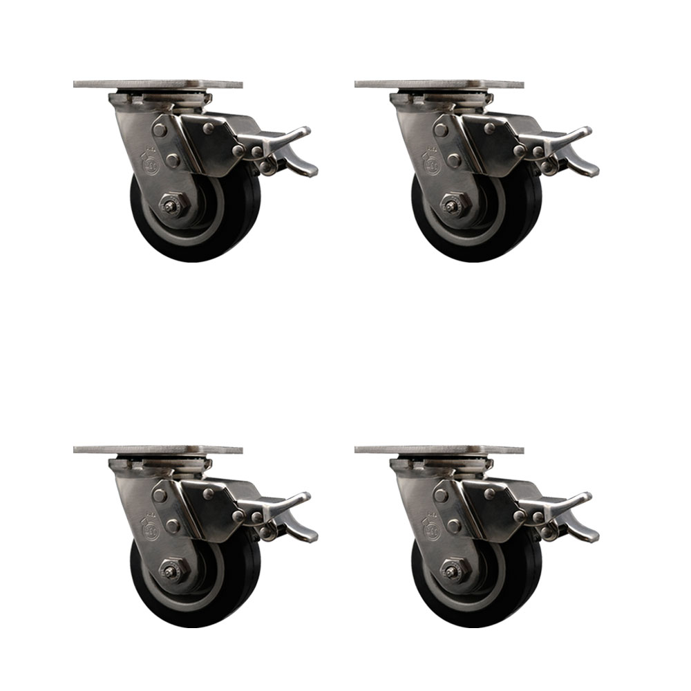 316 Stainless Steel Heavy Duty Swivel Caster Set of 4 with 4 Inch Rubber on Aluminum Wheels and Delrin Bearings -Includes 4 Swivel with Total Lock Brakes-1,600 lbs. Total Capacity-Service Caster Brand — photo 1