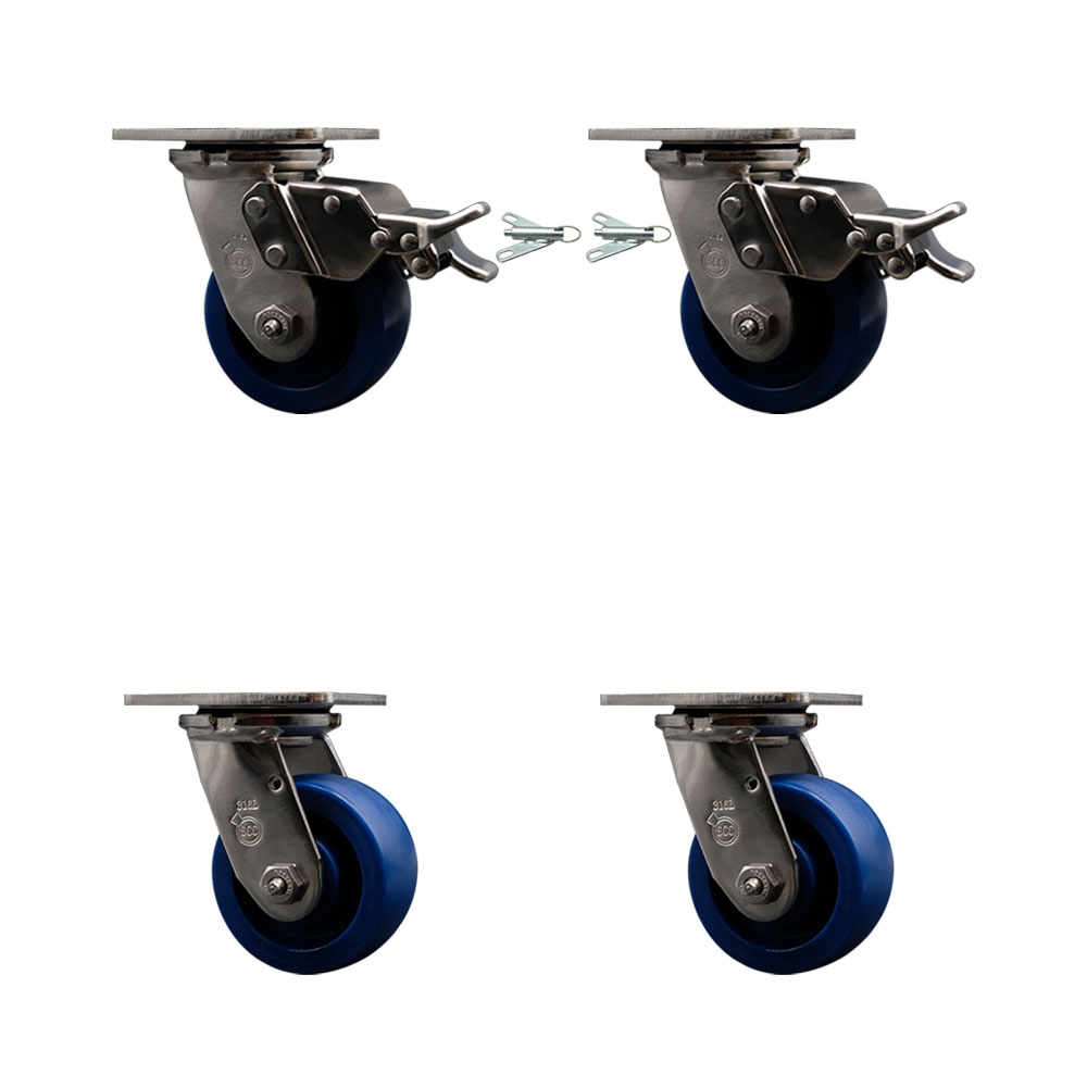 316 Stainless Heavy Duty Swivel Caster Set with 4 Inch Solid Polyurethane Wheels and Ball Bearings- Includes 2 Swivel with Total Lock Brakes and 2 Swivel with Bolt on Swivel Locks-Service Caster Brand — photo 1