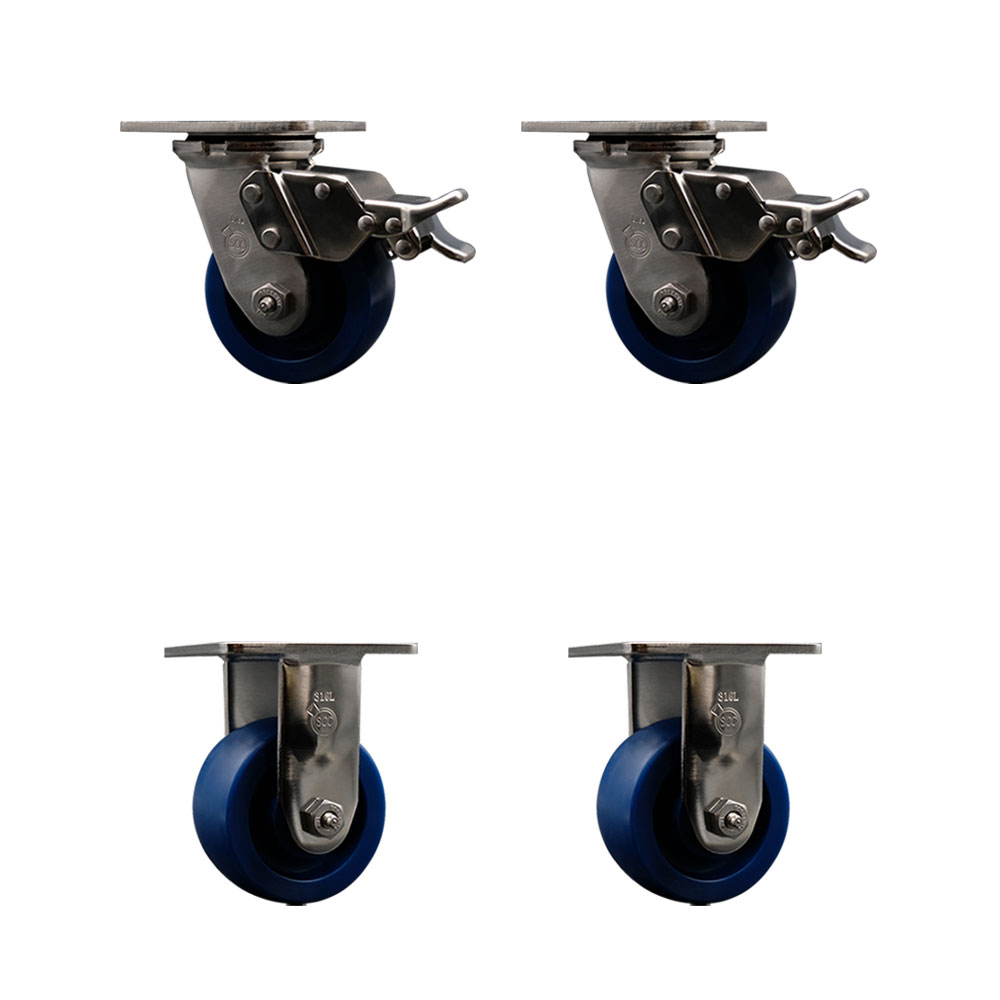 316 Stainless Steel Heavy Duty Swivel Caster Set of 4 with 4 Inch Solid Polyurethane Wheels - Includes 2 Swivel with Total Lock Brakes and 2 Rigid - 2,800 lbs. Total Capacity - Service Caster Brand — photo 1