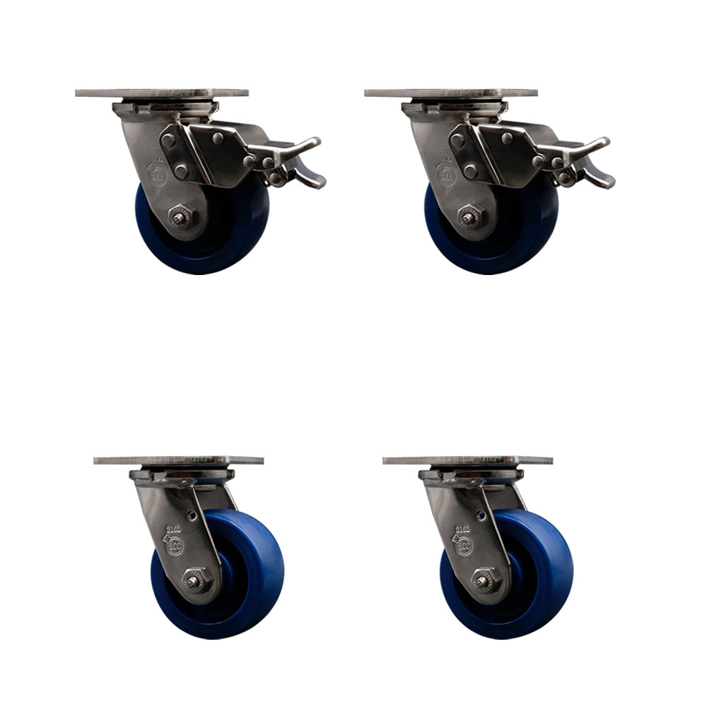 316 Stainless Steel Heavy Duty Swivel Caster Set of 4 with 4 Inch Solid Polyurethane Wheels and Delrin Bearings-Includes 4 Swivel with 2 Total Lock Brake-2,800 lbs. Total Capacity-Service Caster Brand — photo 1