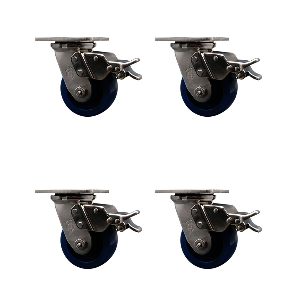 316 Stainless Steel Heavy Duty Swivel Caster Set of 4 with 4 Inch Solid Polyurethane Wheels and Delrin Bearings-Includes 4 Swivel with Total Lock Brakes- 2,800 lbs. Total Capacity-Service Caster Brand — photo 1