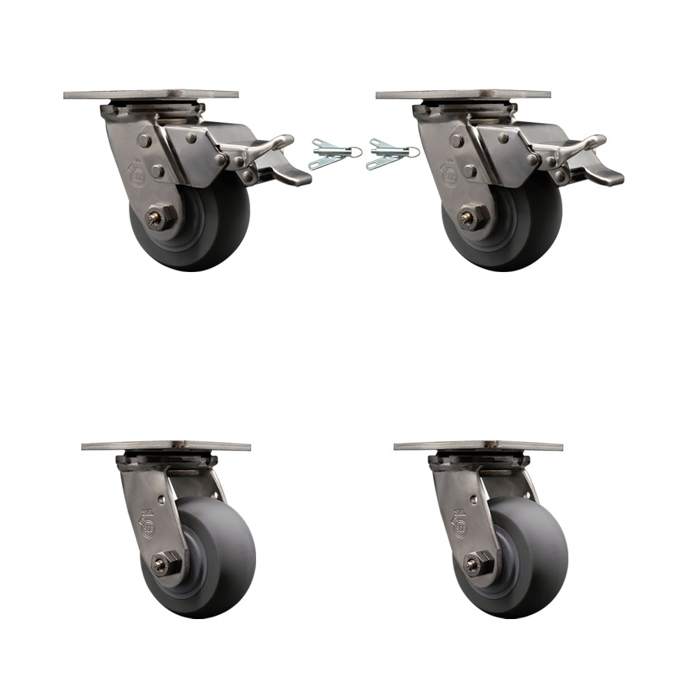 316 Stainless Heavy Duty Swivel Caster Set with 4 Inch Thermoplastic Rubber Donut Tread Wheels and Ball Bearings-Includes 2 Swivel with Total Lock Brake and 2 Swivel w/Swivel Lock-Service Caster Brand — photo 1