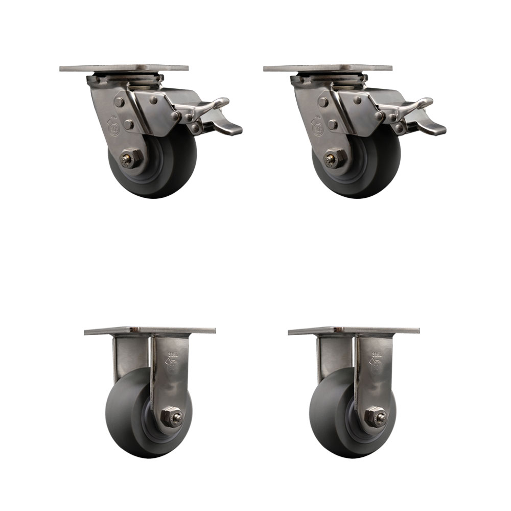 316 Stainless Steel Heavy Duty Swivel Caster Set of 4 with 4 Inch Thermoplastic Rubber Donut Tread Wheels and Delrin Bearings -Includes 2 Swivel with Total Lock Brakes and 2 Rigid-Service Caster Brand — photo 1