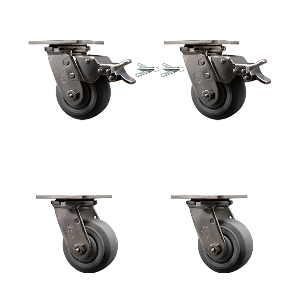 316 Stainless Heavy Duty Swivel Caster Set with 4 Inch Thermoplastic Rubber Flat Tread Wheels - Includes 2 Swivel with Total Lock Brakes and 2 Swivel with Swivel Locks - Service Caster Brand — photo 1