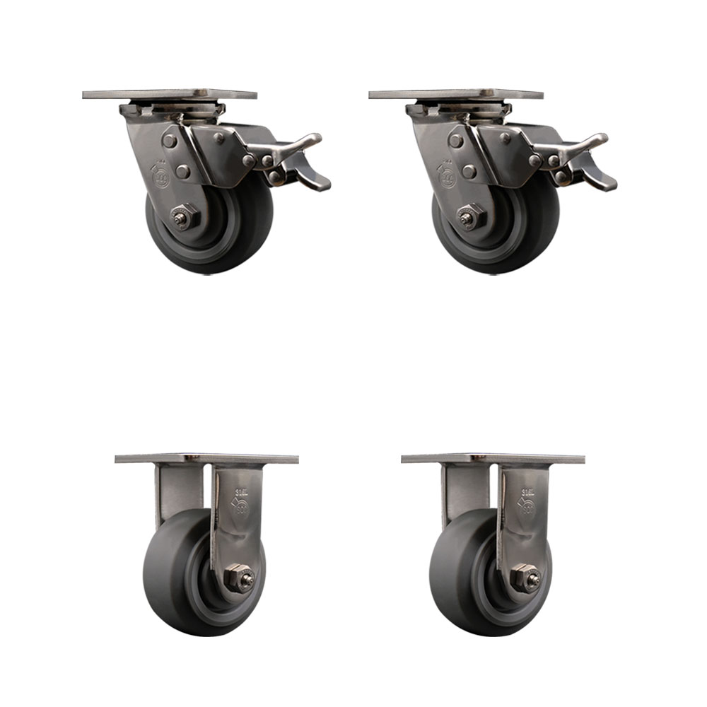 316 Stainless Steel Heavy Duty Swivel Caster Set of 4 with 4 Inch Thermoplastic Rubber Flat Tread Wheels - Includes 2 Swivel with Total Lock Brakes and 2 Rigid - Service Caster Brand — photo 1