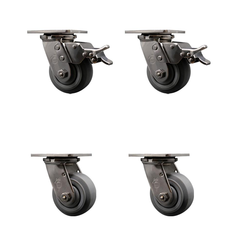 316 Stainless Steel Heavy Duty Swivel Caster Set of 4 with 4 Inch Thermoplastic Rubber Flat Tread Wheels - Includes 4 Swivel with 2 Total Lock Brakes - 1,200 lbs. Total Capacity - Service Caster Brand — photo 1